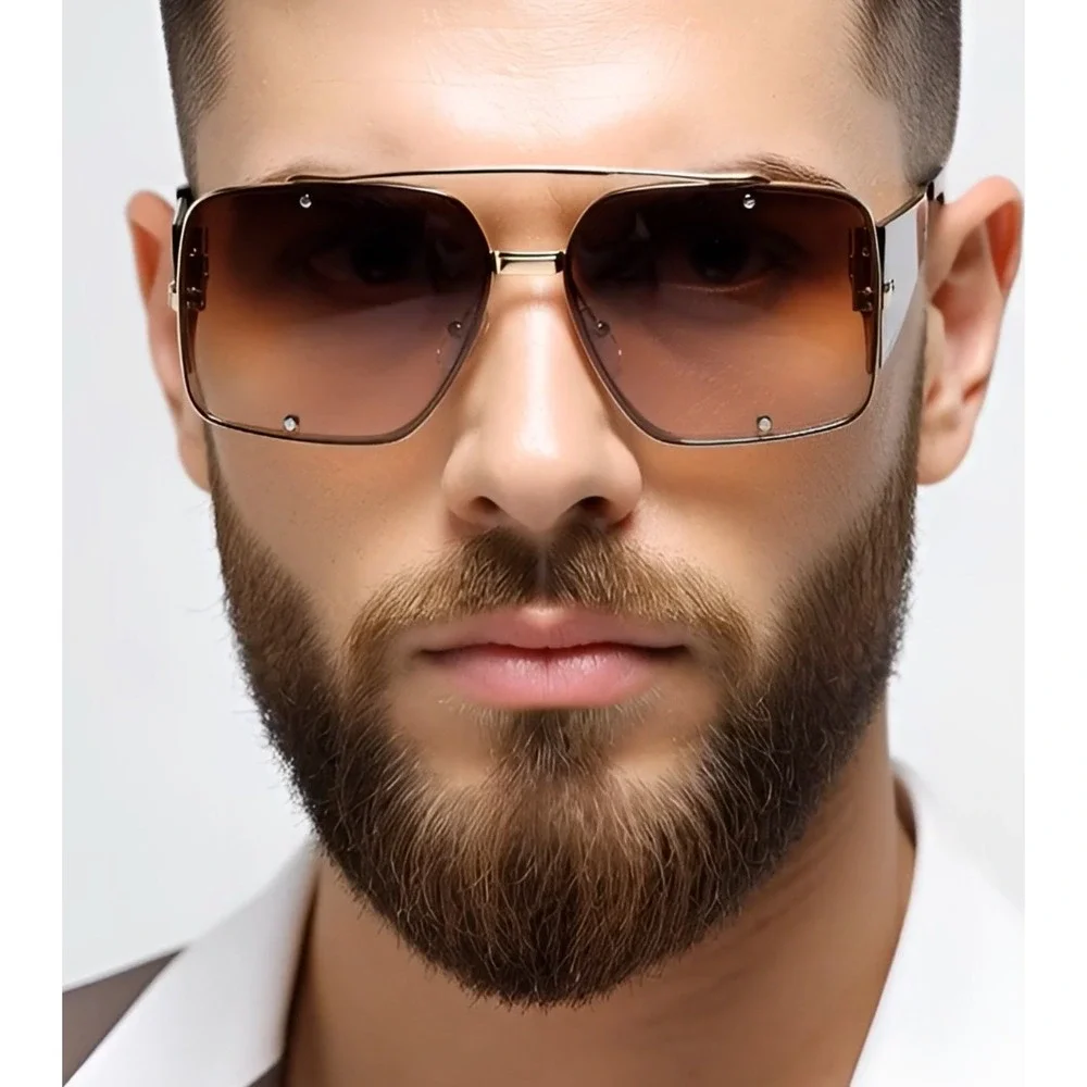 Flat Big‎ Lens Sunglasses Gold Metal Frame Men Shades Brown Lens Aviator UV400